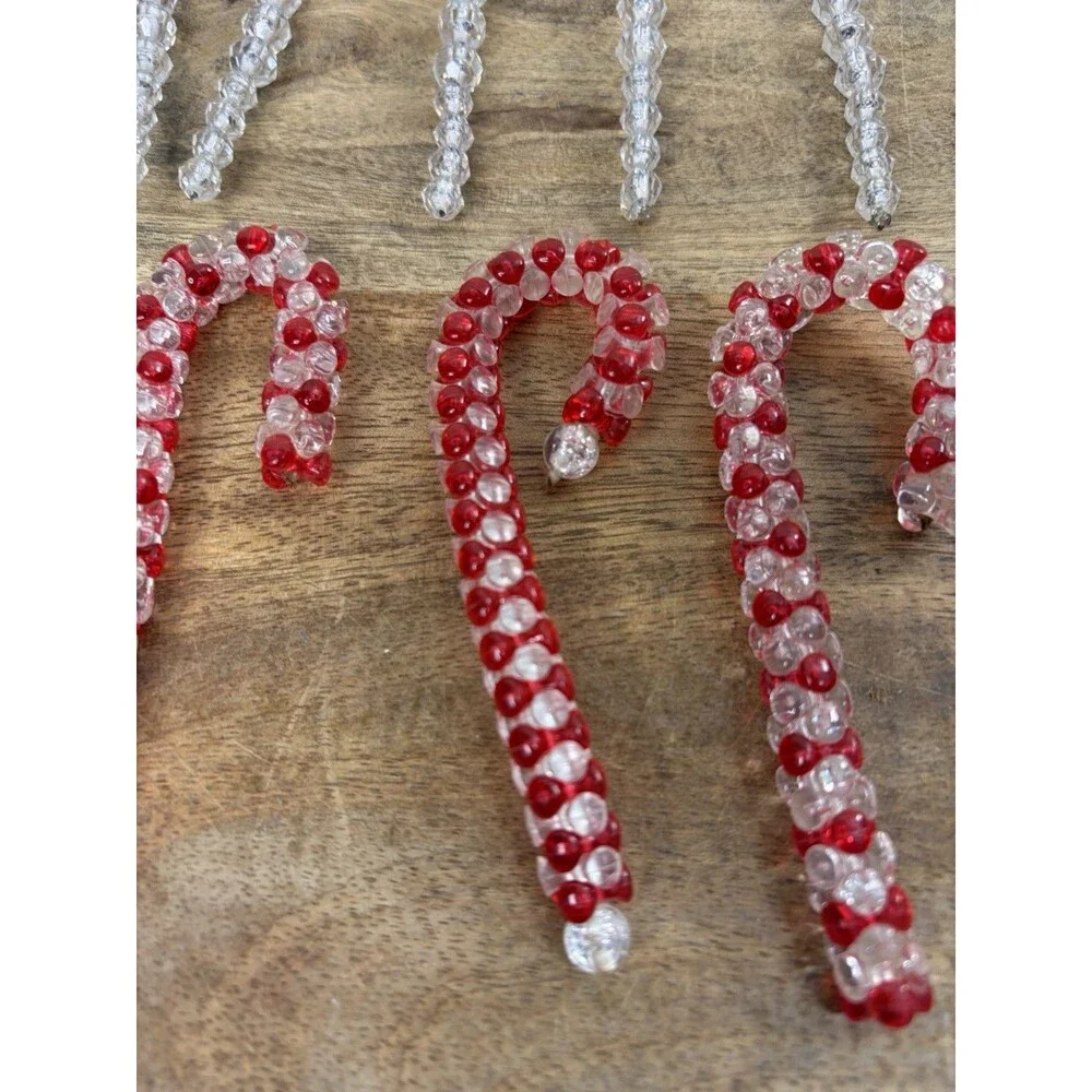 22 Vintage Christmas Clear Beaded Icicle Ornaments + 8 Candy Canes Handmade
